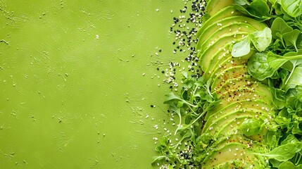 Wall Mural -   Close-up photo of ripe avocado atop green plate surrounded by vibrant foliage and garnishes