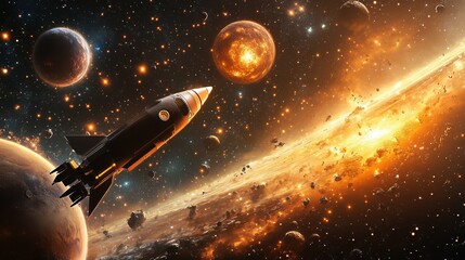 Wall Mural - Retro Rocket Launch in Space with Planets and Stars