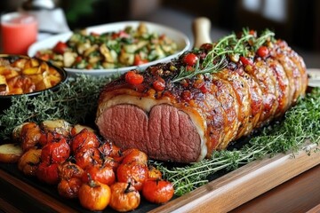 Wall Mural - Sliced roast beef with roasted potatoes and cherry tomatoes, resting on a wooden tray