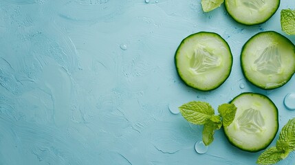 Wall Mural -   Cucumbers with mint on a blue backdrop, surrounded by water droplets