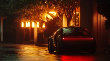 A black car is parked on a street at night. The car is parked in front of a tree