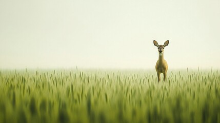 Wall Mural -   A deer stands in a tall grass field, gazing curiously at the camera