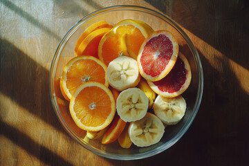 Wall Mural - Fruit bowl with orange, blood orange, and banana slices in warm sunlight