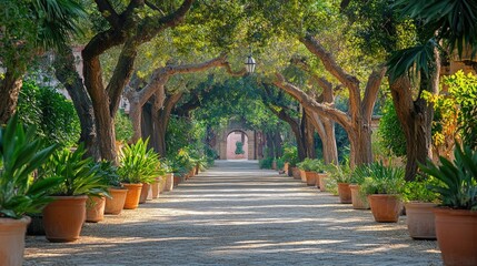 Wall Mural - Majestic tree lined pathway leading to serene archway in lush garden