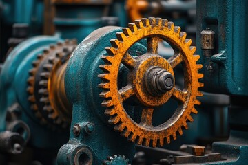 Fototapete - Close up of industrial gears rotating in complex machinery