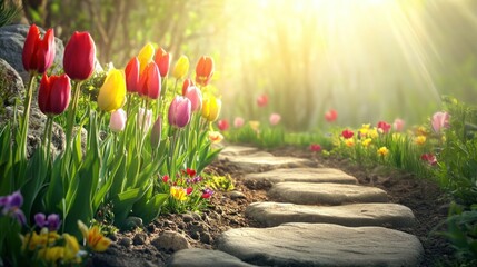 Sticker - Colorful Tulips Bloom Beside Sunny Garden Path