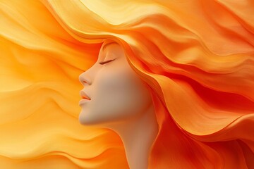 Poster - Woman with flowing golden hair against a vibrant orange backdrop expressing warmth and tranquility in an artistic portrayal of beauty