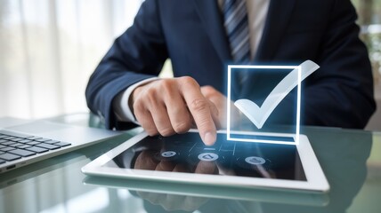 Businessman Approves Digital Task on Tablet