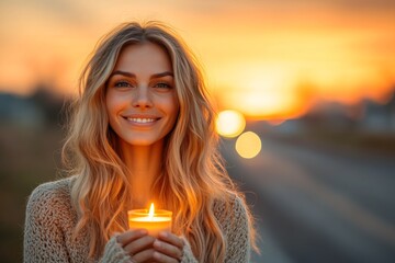 Wall Mural - Young woman holding candle against beautiful sunset backdrop on a quiet road