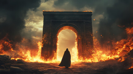 Wall Mural - A cloaked figure confronts a blazing ancient archway surrounded by intense flames in a dramatic twilight atmosphere. Blazing Path. Illustration