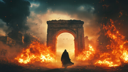 Wall Mural - A cloaked figure confronts a blazing ancient archway surrounded by intense flames in a dramatic twilight atmosphere. Blazing Path. Illustration