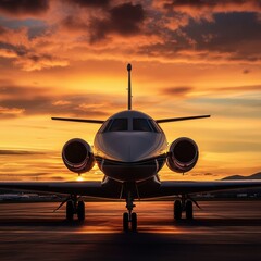Poster - Airplane silhouette against a vibrant golden sunset over an airport runway. Generative AI