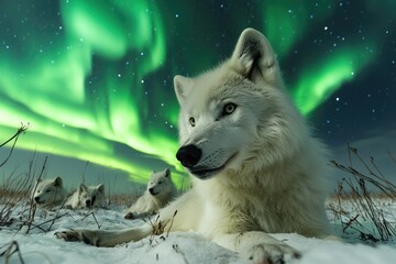 Wall Mural - Majestic Arctic Wolves Resting Under Aurora Borealis