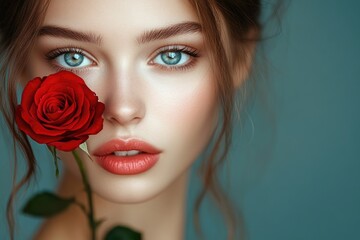 Sticker - Close Up Portrait of Woman with Red Rose