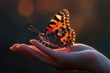 Wall Mural - Butterfly resting on an outstretched hand during golden hour near a tranquil outdoor setting