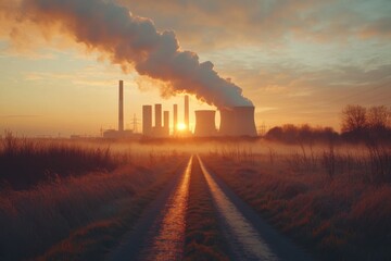 Canvas Print - Smoke billows from power plants at sunrise over a rural landscape in early morning light