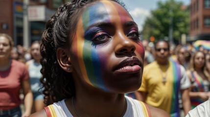 Portrait of an african american woman wearing rainbow face paint and a rainbow scarf at a pride parade. Young activist at LGBTQ