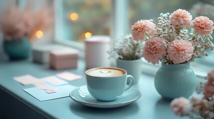 Wall Mural - A blue coffee cup with a heart on it sits on a saucer next to a vase of pink flo