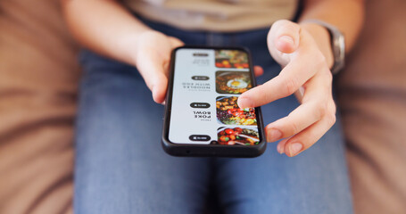 Aufkleber - Hands, phone and person in home on app for online order of food for dinner, lunch or supper. Technology, browsing and customer scrolling on restaurant website for meal with delivery at apartment.