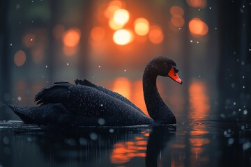 Canvas Print - Majestic black swan gliding through calm waters at sunset with glowing reflections in the background