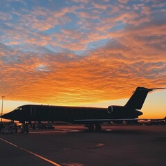 Aufkleber - Silhouette of an airplane captured against a breathtaking golden sunset over an airport at dusk. Generative AI