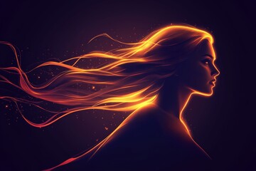 Poster - Young woman with flowing hair illuminated by warm light in a dark background creating an ethereal atmosphere