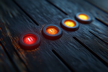 Wall Mural - Illuminated control buttons on a wooden surface create a modern yet rustic aesthetic