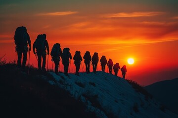 Canvas Print - Group of hikers ascending a snowy trail during sunset in a mountainous region