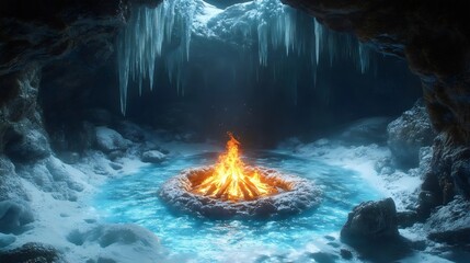 Wall Mural - A fire is burning in a circle of ice in a cave