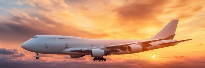 Poster - Silhouette of an airplane flying against a vibrant golden sunset in the evening sky. Generative AI