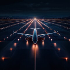 Fototapete - Illuminated runway with airplane ready for takeoff at night surrounded by navigation lights in a busy airport environment. Generative AI