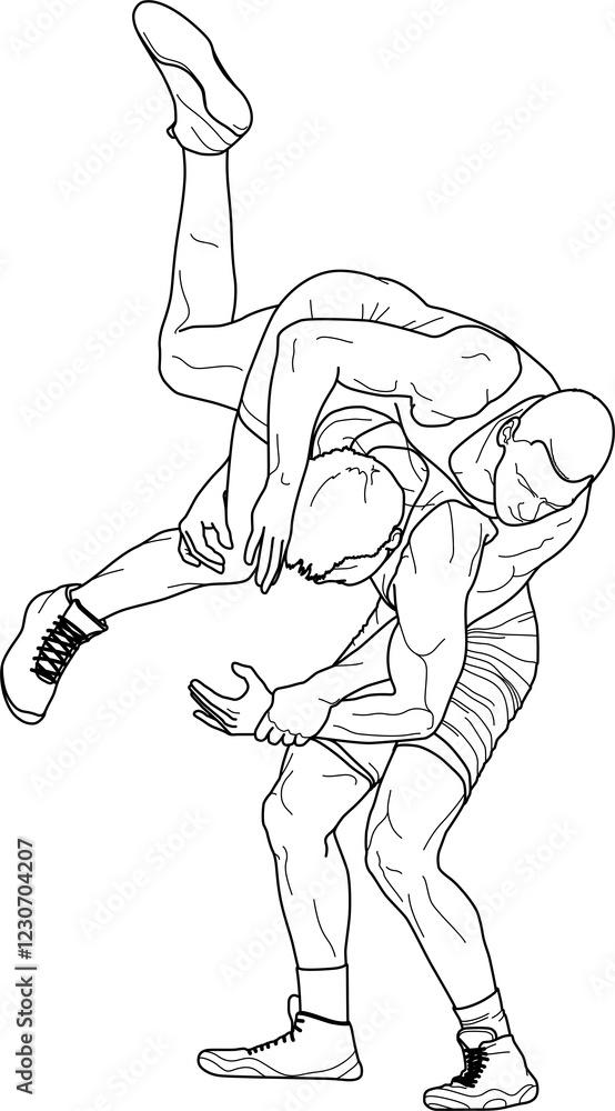 WRESTLING 1 line drawing illustration, WRESTLERS, Greco roman