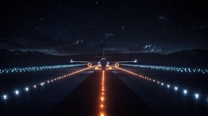 Fototapete - Airplane prepares for takeoff on illuminated runway with navigation lights under the starry night sky. Generative AI