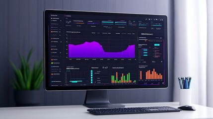 SEO keywords and conversion. Modern monitor displaying vibrant data analytics and a plant in the background.