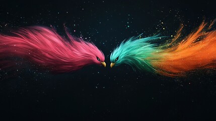 Wall Mural -  Two bright birds embracing, against a clear background