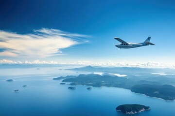 Poster - Airplane gliding effortlessly over serene blue ocean with islands scattered beneath in bright daylight. Generative AI