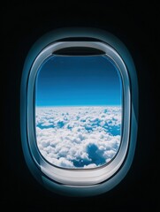Poster - Airplane wing above fluffy clouds with bright blue sky visible through the window on a clear day. Generative AI