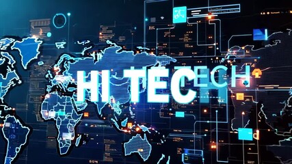 Business finance background. Blue and orange screen with the word HITECH written in white. The image is of a computer screen with a map of the world and a lot of lines and dots