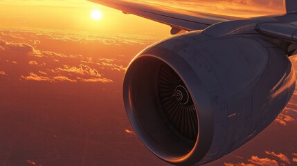 Poster - Beautiful sunset over clouds with airplane wing and engine in view. Generative AI