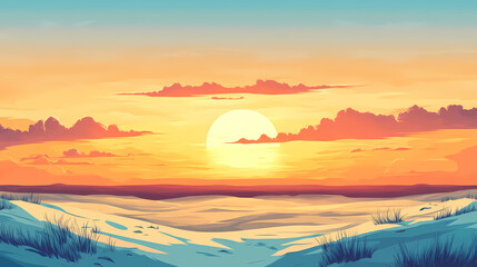 Wall Mural - Majestic golden sunset over expansive desert dunes highlighting natural landscape serenity, beach, beauty, clouds, colors, eco, evening, expanse, horizon. Desert Shores. Illustration