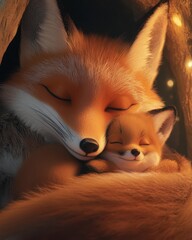 Fox family snuggles, warm den, night lights, winter