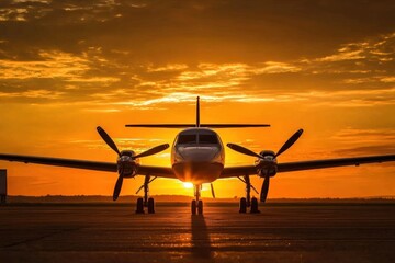 Poster - Airplane silhouette in front of a stunning golden sunset over the horizon at twilight in the evening sky. Generative AI