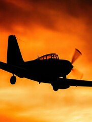 Poster - Silhouette of an airplane flying against a stunning golden sunset in the evening sky. Generative AI