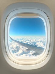 Poster - View from airplane window showcasing wing above fluffy clouds and bright blue sky. Generative AI