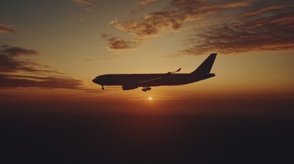 Poster - Airplane silhouette gliding through a breathtaking golden sunset sky over a vast landscape. Generative AI