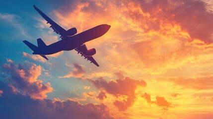 Poster - Silhouette of an airplane flying against a vibrant golden sunset sky. Generative AI
