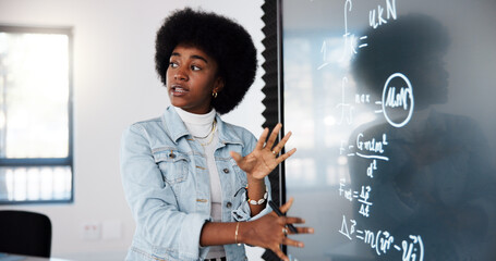 Aufkleber - Education, black woman and student by board in lecture explaining science equation to class at college. Revision, study and female person with physics research for university exam, test or assignment