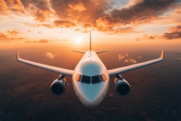 Poster - Silhouette of an airplane soaring against a vibrant golden sunset over a distant horizon. Generative AI