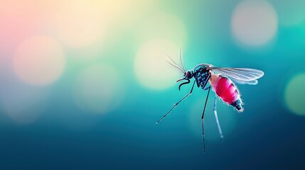 Wall Mural -   Close-up of mosquito on blue background with blurred boke of light