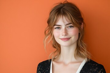 Wall Mural - Young woman smiling against a bright orange background showing a casual and joyful expression in a well-lit indoor setting